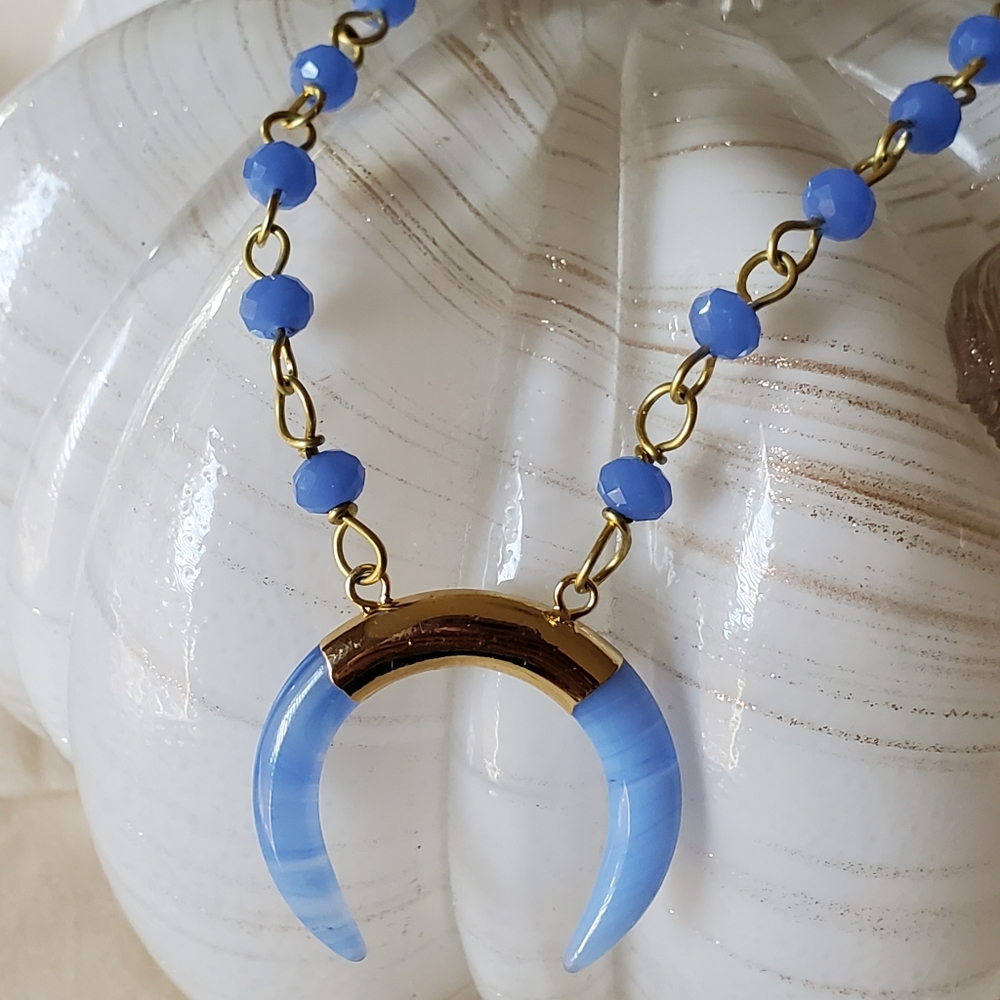 Blue Art Glass Inverted Horns Necklace